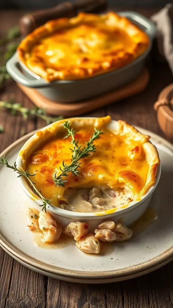 A delicious chicken pot pie with thyme, served in a rustic dish.