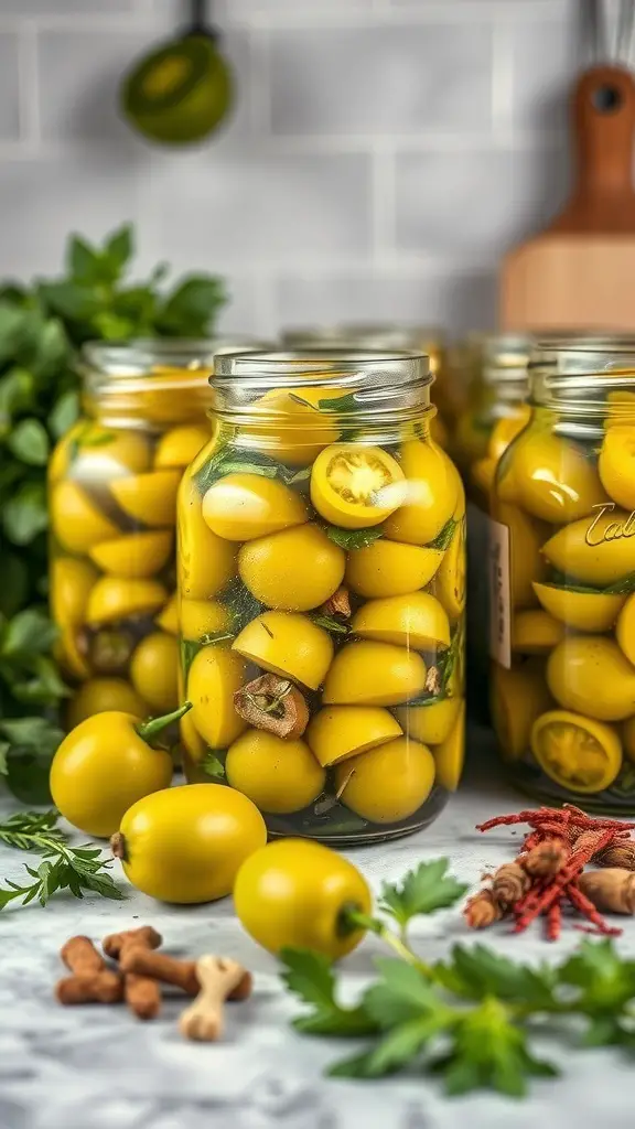 Jars of pickled green tomatoes with spices and fresh herbs