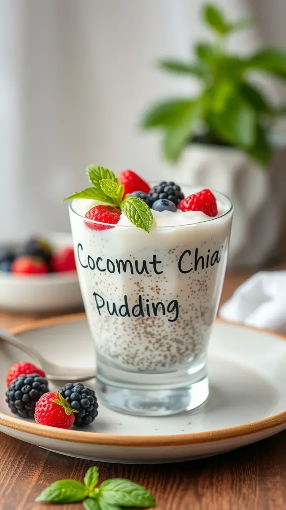 A glass of coconut chia seed pudding topped with berries and mint leaves