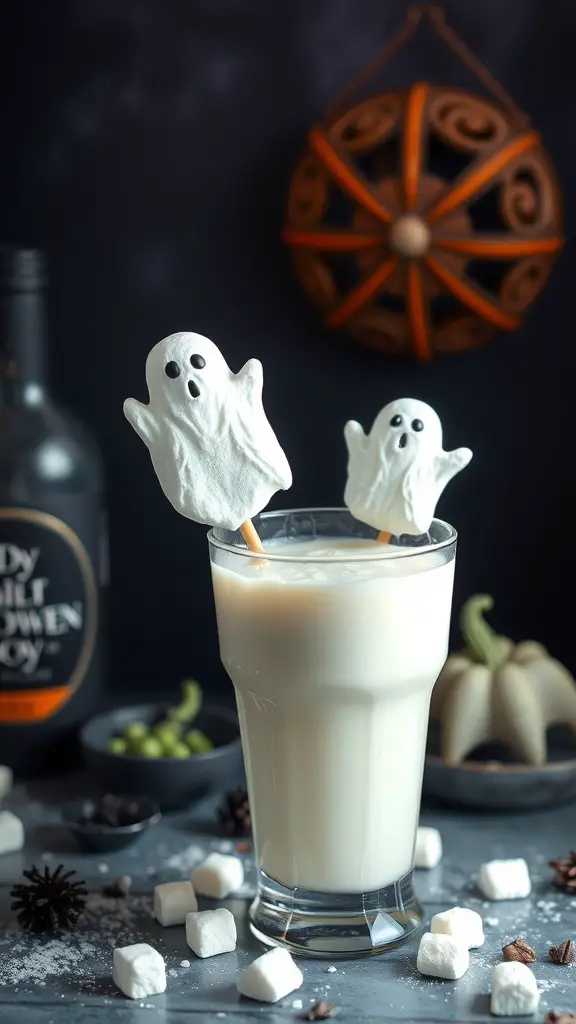 A glass of Ghostly Coconut Cream Mocktail with ghost-shaped marshmallows on sticks