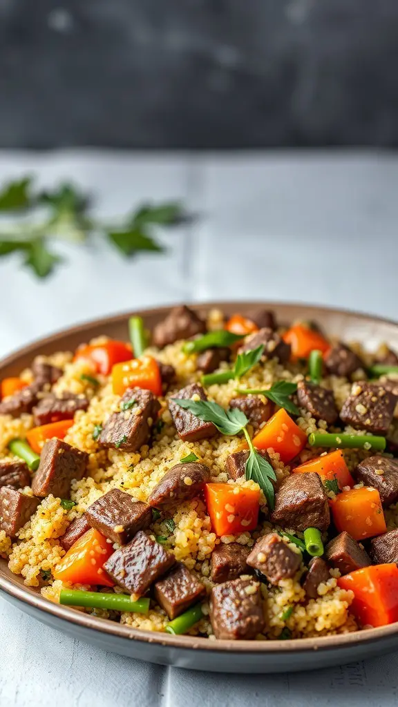 A delicious beef and quinoa casserole with colorful vegetables.