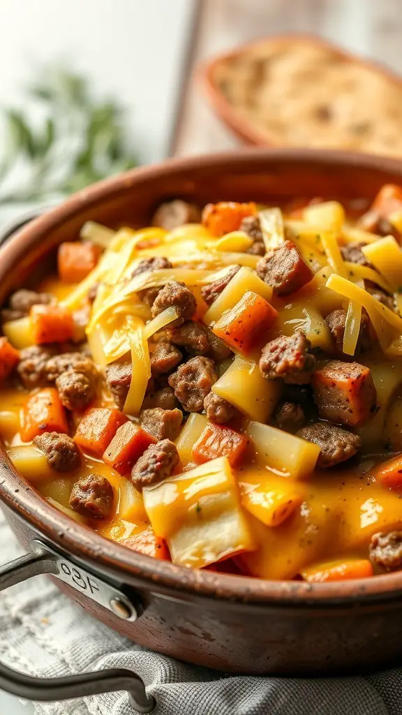 A hearty beef and potato casserole topped with melted cheese and mixed vegetables.