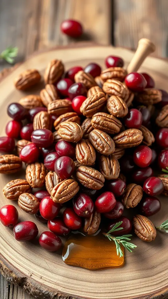 A wooden platter filled with pecans and cranberries, drizzled with honey.