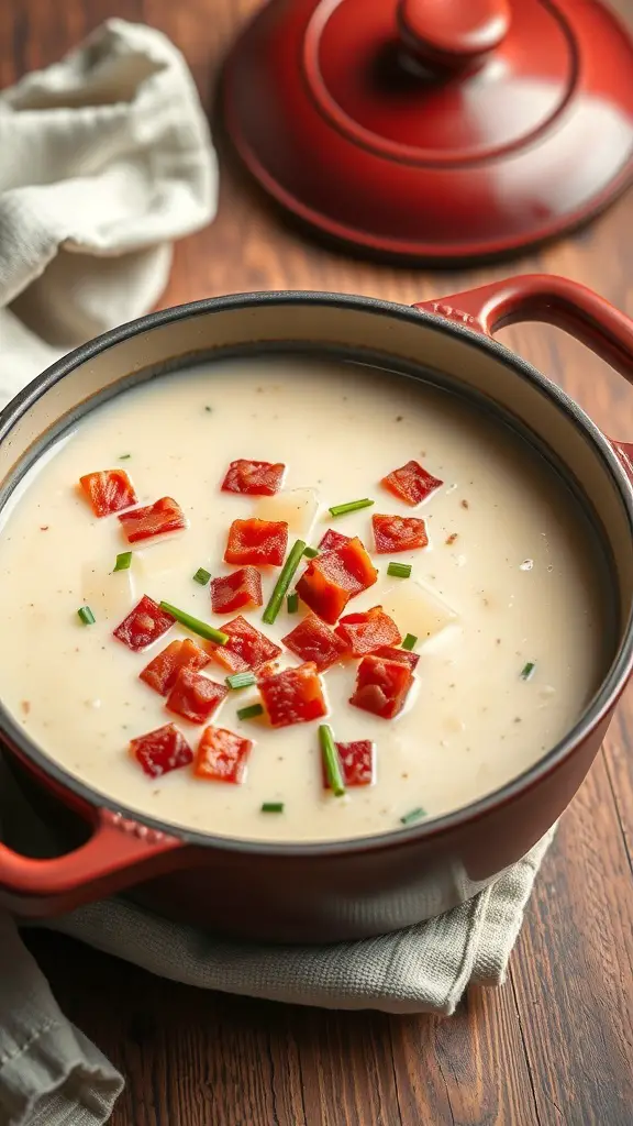 A pot of creamy potato leek soup topped with diced red peppers and chives.