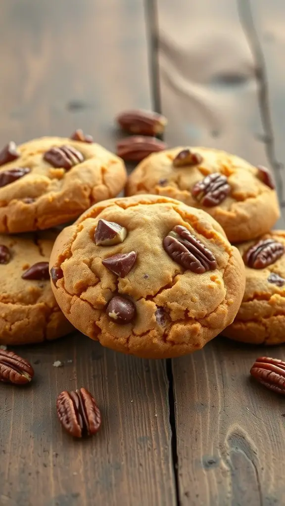 A close-up of sweet potato cookies with pecans and chocolate chips on a wooden table.