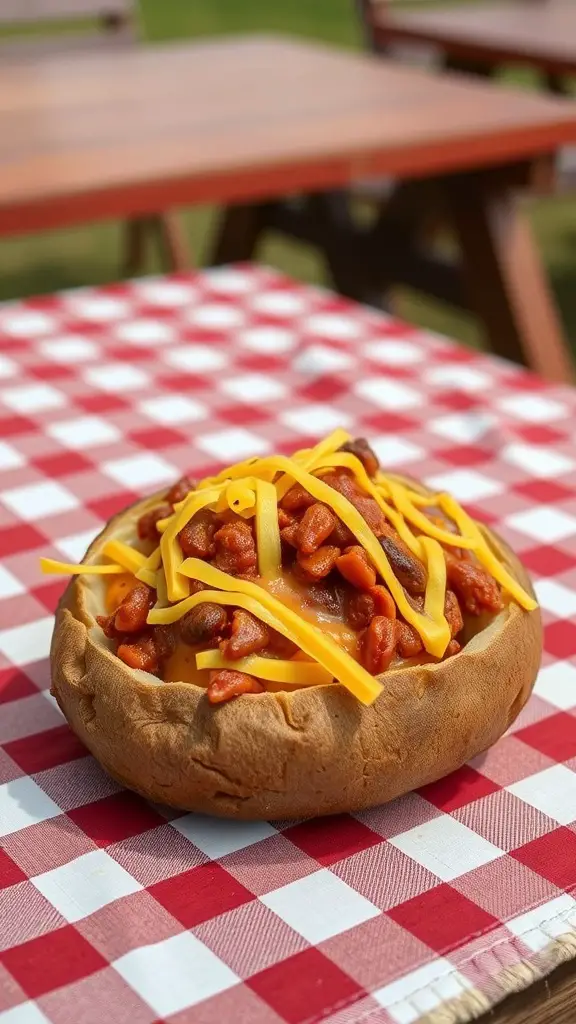 A baked potato topped with chili and shredded cheese on a red and white checkered tablecloth.