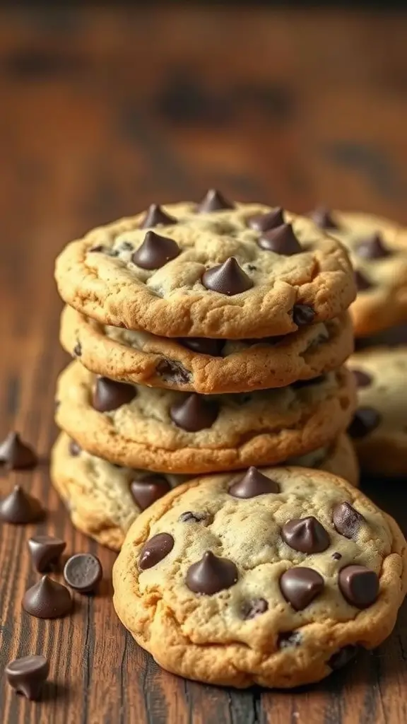 A stack of freshly baked chocolate chip cookies with chocolate chips on top