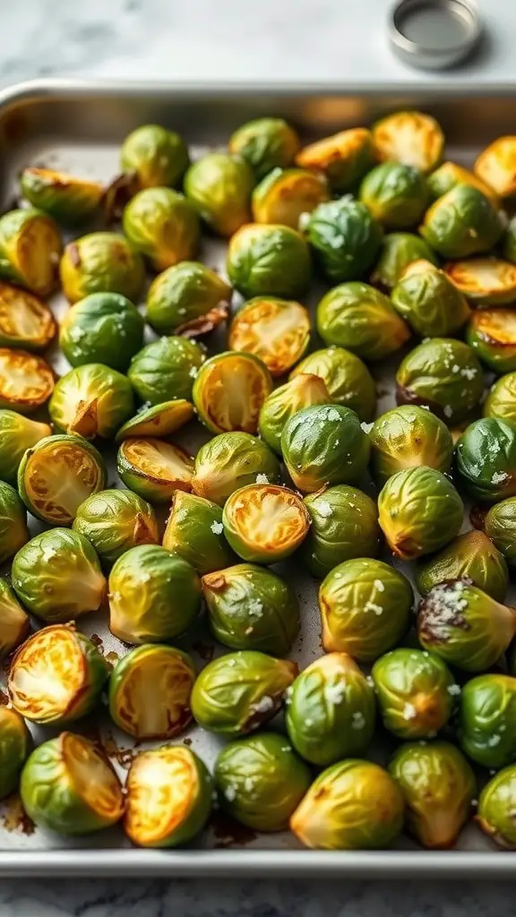A tray of roasted Brussels sprouts with crispy outer leaves and golden edges.