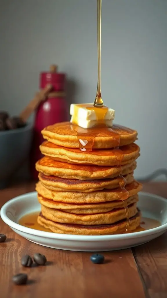 A stack of sweet potato pancakes topped with vegan butter and syrup