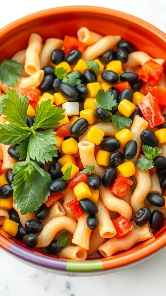 A colorful bowl of Southwestern Pasta Salad with black beans, corn, and bell peppers garnished with fresh cilantro.