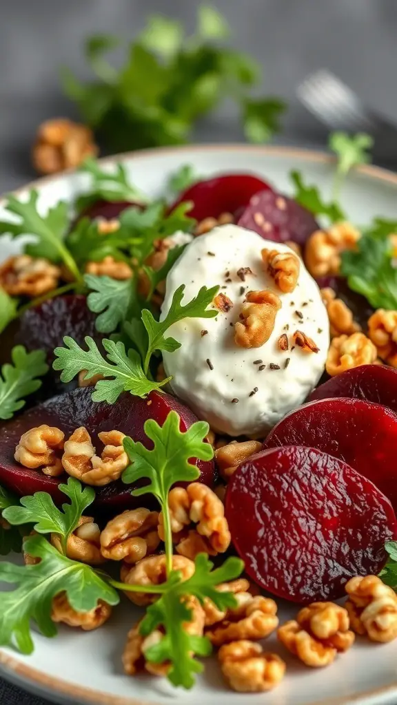 A colorful salad featuring roasted beets, goat cheese, walnuts, and fresh greens.
