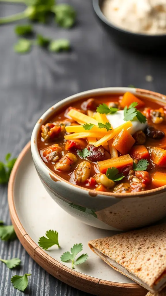 A bowl of vegetarian chili topped with cheese and cilantro, served with a side of bread.