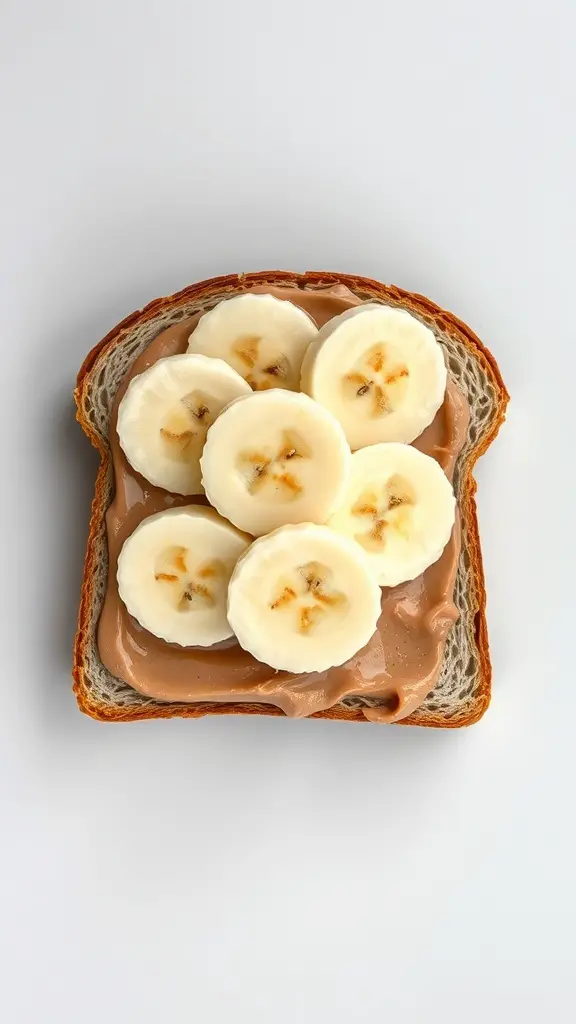 A slice of whole grain bread topped with almond butter and banana slices.