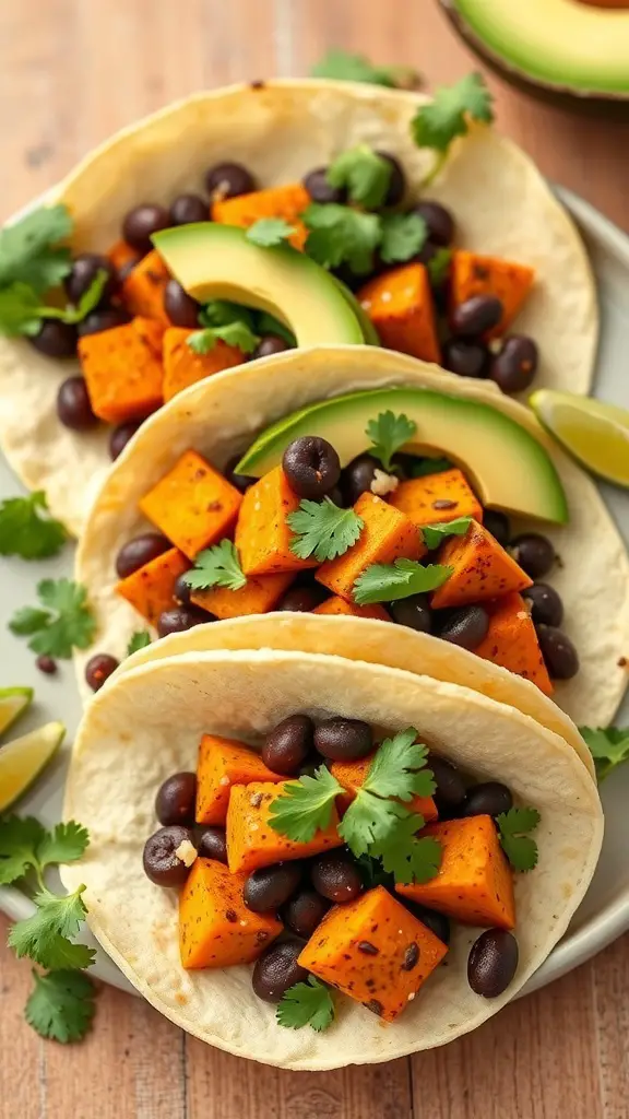 Three sweet potato and black bean tacos topped with cilantro and avocado slices on a plate.