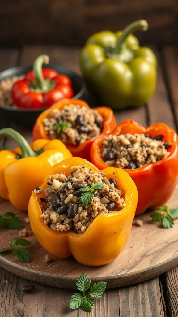Stuffed bell peppers filled with quinoa and black beans on a wooden platter.