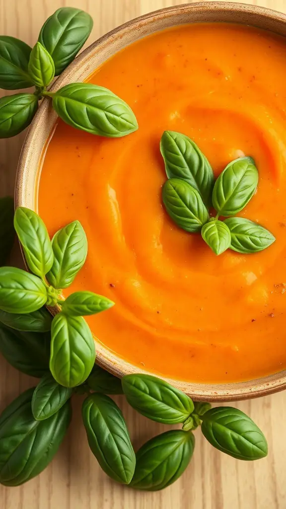 A bowl of sweet potato and tomato basil soup garnished with fresh basil leaves.