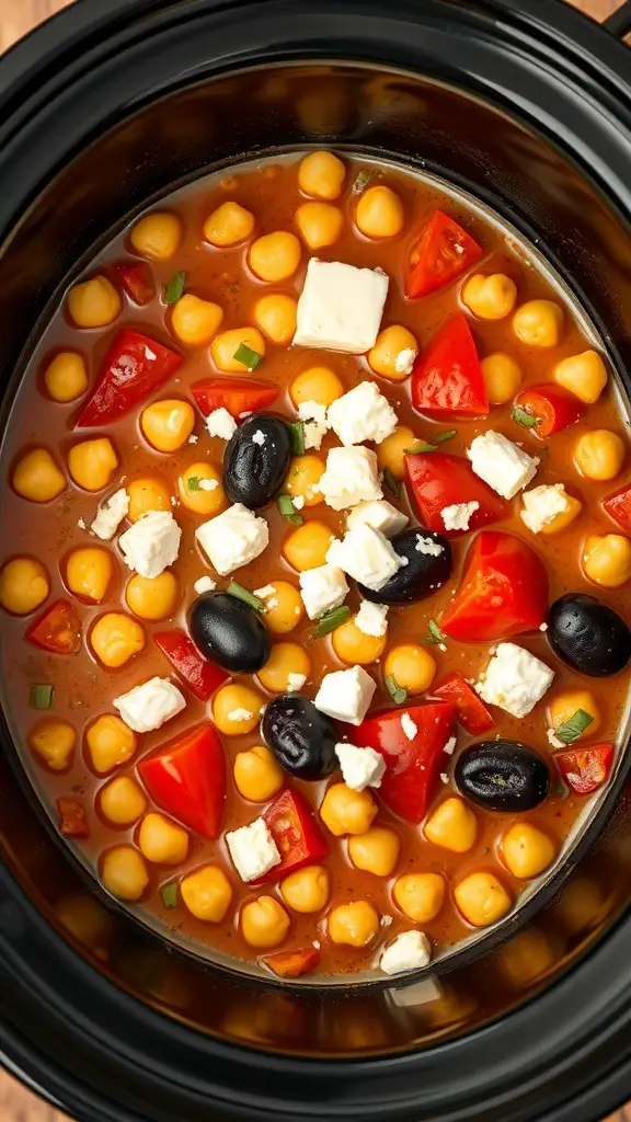 A close-up of Mediterranean Chickpea Stew in a crockpot, featuring chickpeas, red peppers, black olives, and feta cheese.