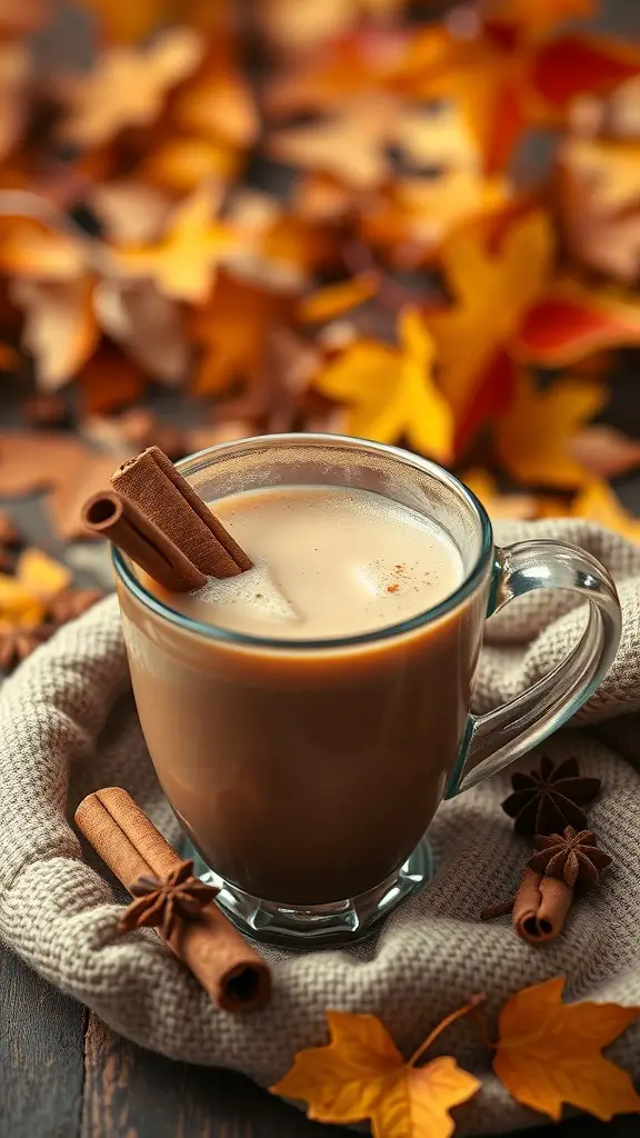 A cozy chai latte with cinnamon sticks, surrounded by autumn leaves.
