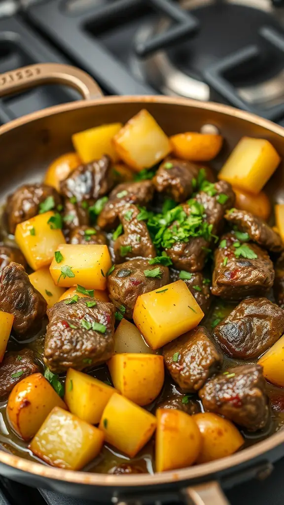 A skillet filled with garlic butter beef and potatoes, garnished with parsley.