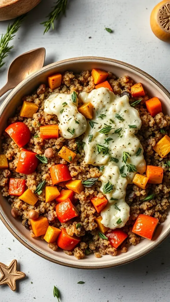 A bowl of Autumn Vegetable Quinoa Bake with colorful roasted vegetables and creamy sauce.