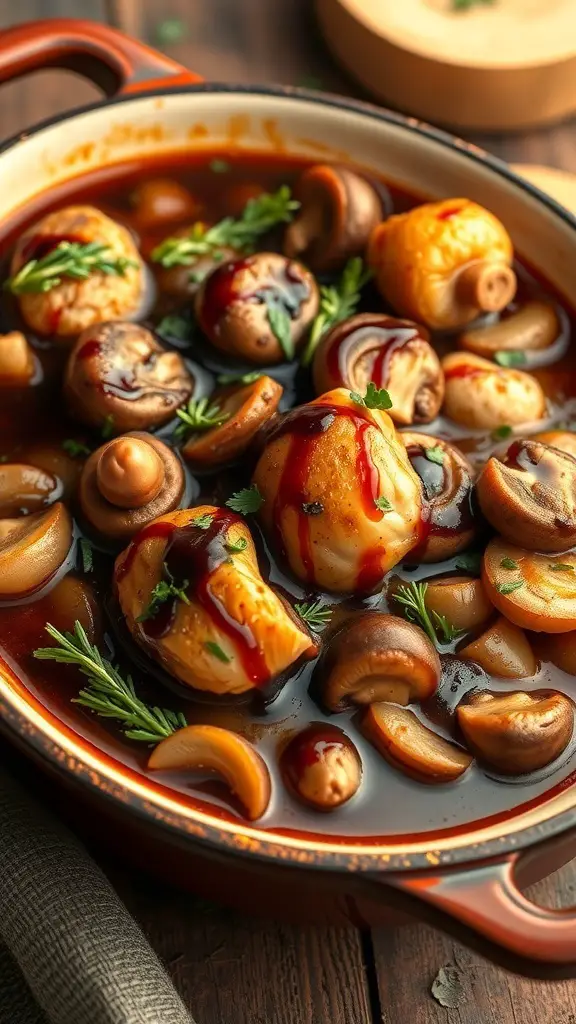 A pot of Balsamic Chicken Stew with mushrooms, garnished with herbs.