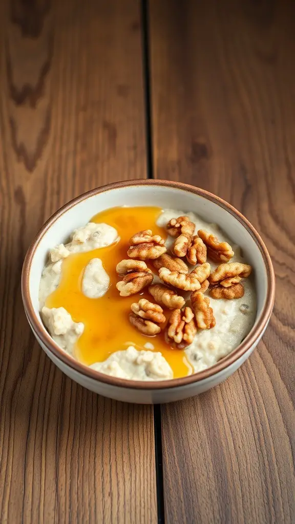 A bowl of overnight oats topped with honey and walnuts