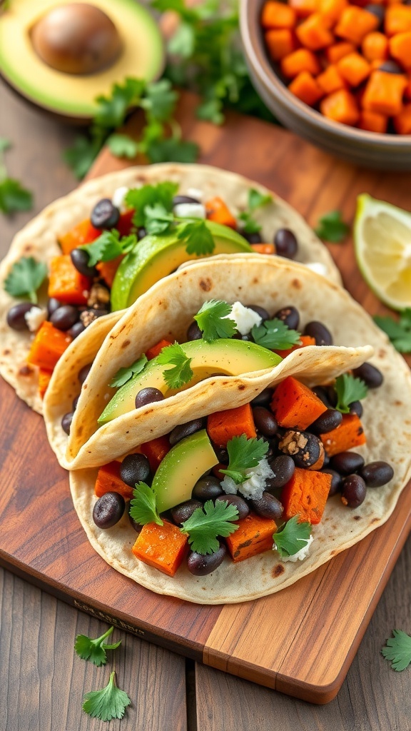 Sweet potato and black bean tacos with avocado and cilantro on a wooden board