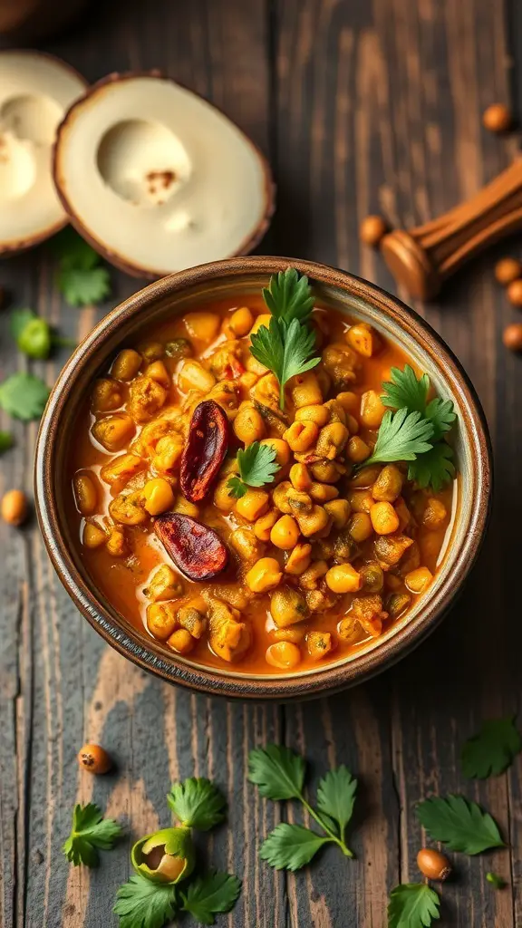 A bowl of Coconut Curry Lentils with spices and fresh herbs on a wooden table.