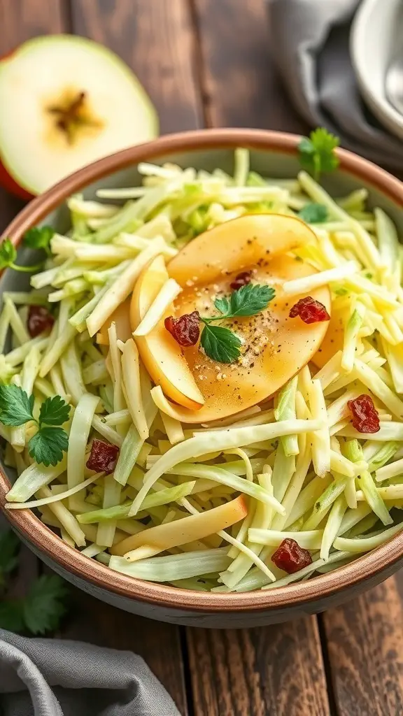 A bowl of cabbage and apple slaw with sliced apples and cranberries on top.