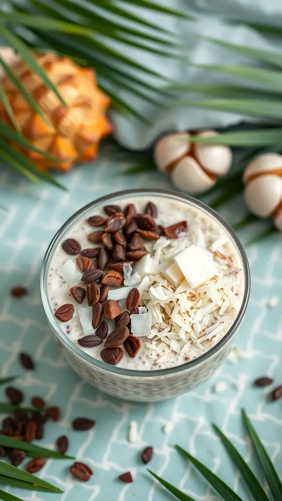 A bowl of cacao nib and coconut overnight oats topped with cacao nibs and shredded coconut, surrounded by tropical decorations.