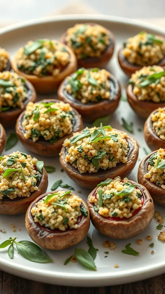 A plate of quinoa and spinach stuffed mushrooms, showcasing a delicious high-fiber recipe.