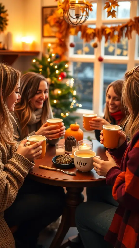 Group of friends enjoying pumpkin chai lattes around a cozy table decorated for fall.
