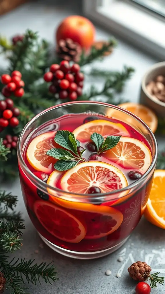 A bowl of Citrus Berry Sparkler punch with orange and lemon slices, garnished with mint leaves.