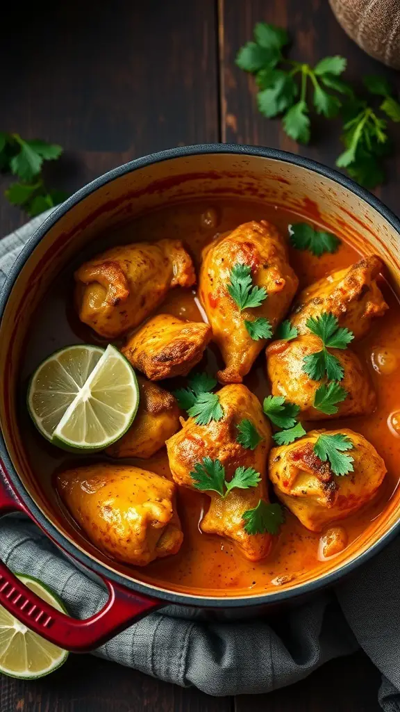 A pot of coconut curry chicken with cilantro and lime