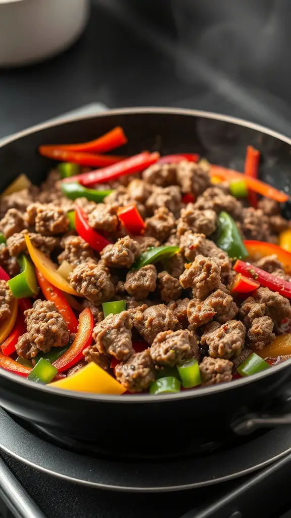 A pan filled with ground beef and colorful bell peppers being stir-fried.