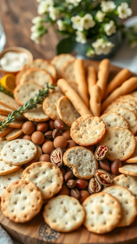 A variety of crackers and breadsticks arranged on a wooden platter with some nuts and a small bowl of dip.