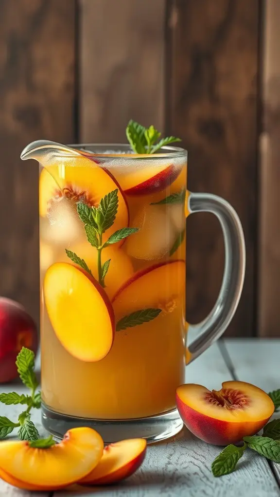 A pitcher of peach iced tea punch with peach slices and mint leaves