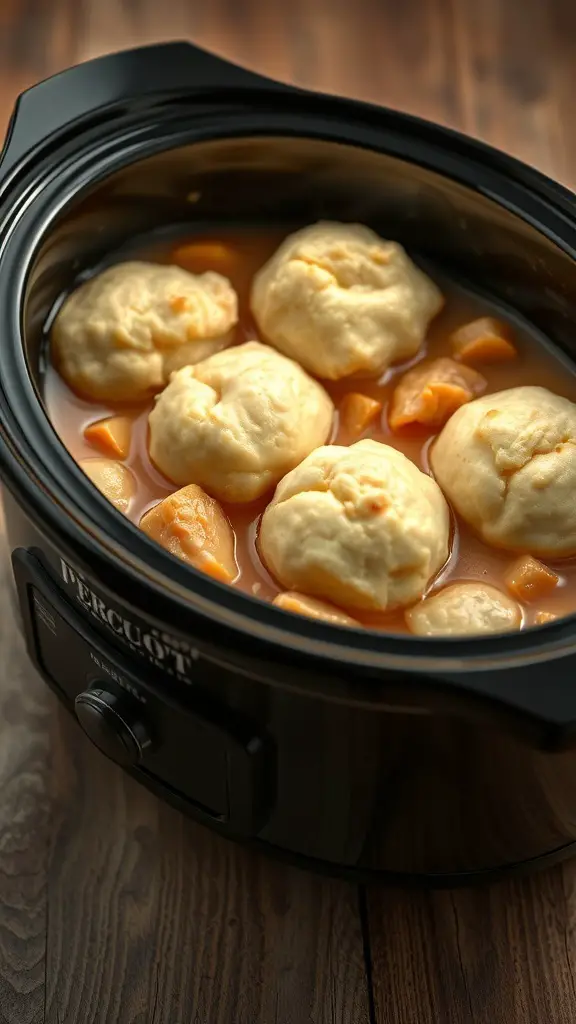 Crockpot filled with chicken and dumplings in a rich broth