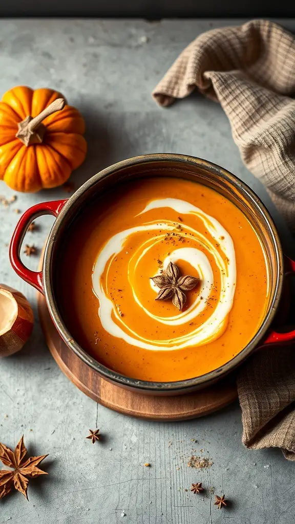 A bowl of curried pumpkin soup garnished with cream and star anise, with a small pumpkin and spices in the background.