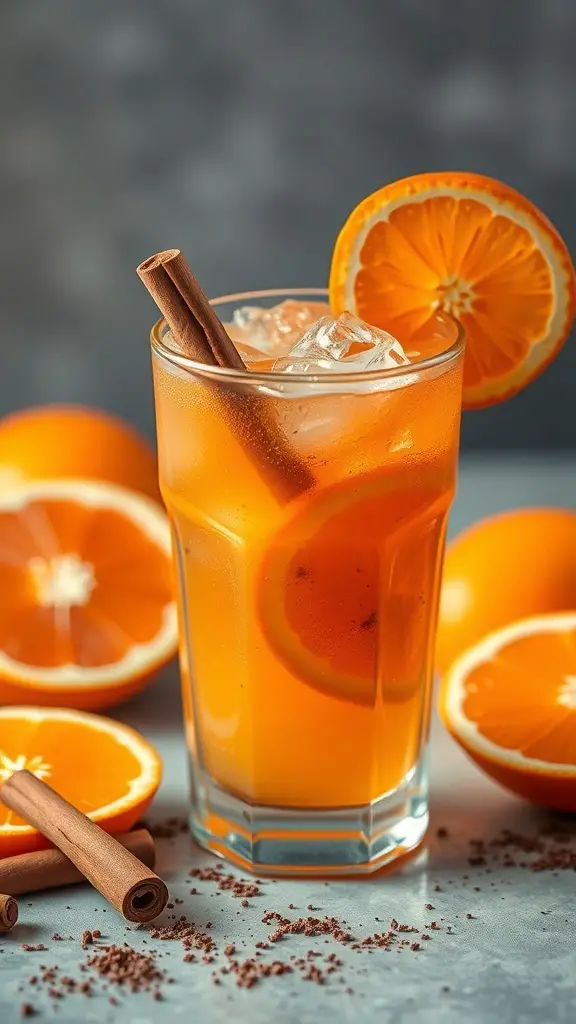 A refreshing Cinnamon Citrus Refresher mocktail with ice, garnished with an orange slice and cinnamon stick, surrounded by fresh oranges.