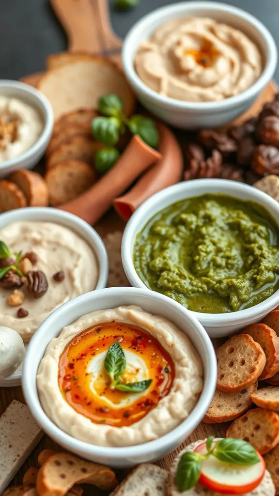 A selection of gourmet dips and spreads on a charcuterie board, featuring hummus, pesto, and more, surrounded by crackers and bread.