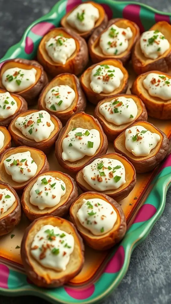 A platter of baked potato poppers topped with cream cheese and herbs.