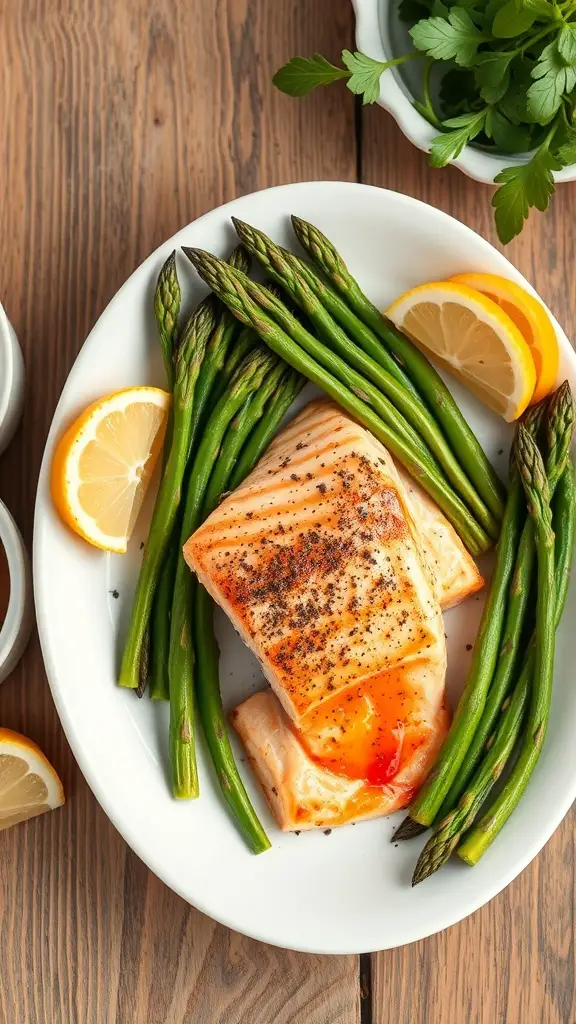 A plate of baked salmon with asparagus and lemon slices, garnished with fresh herbs.