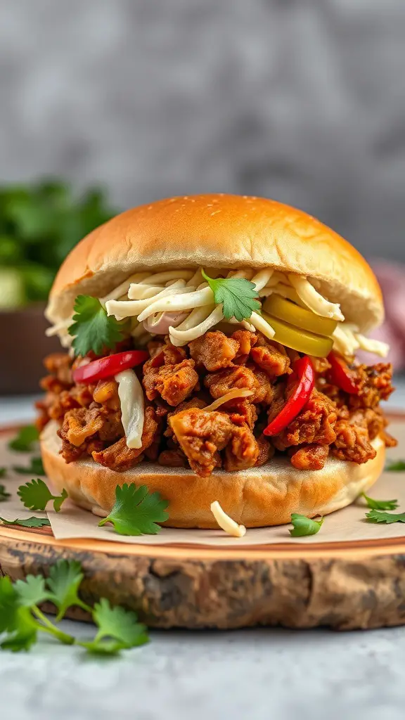 BBQ Jackfruit Sandwich with toppings on a wooden plate