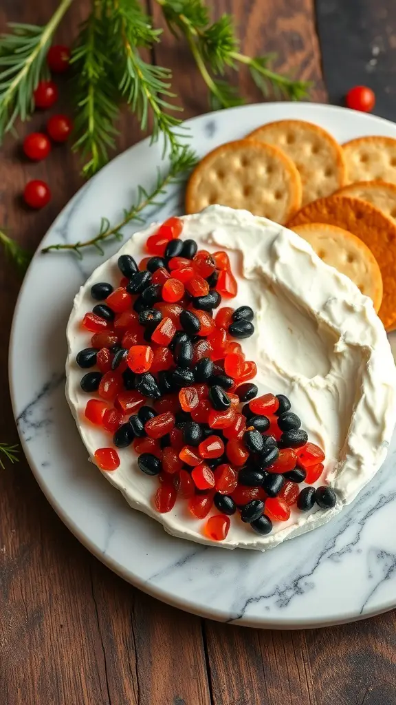 A plate with cream cheese spread topped with red and black caviar, accompanied by crackers.