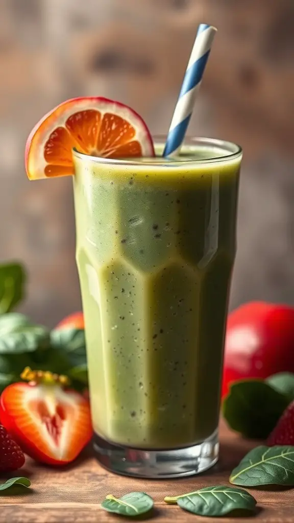 A refreshing green smoothie made with spinach and fruits, garnished with a slice of orange.
