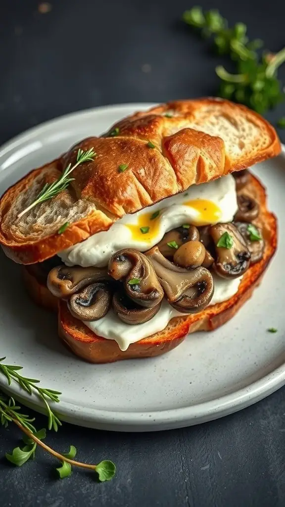 A gourmet sandwich featuring truffle mushrooms and brie in a croissant.