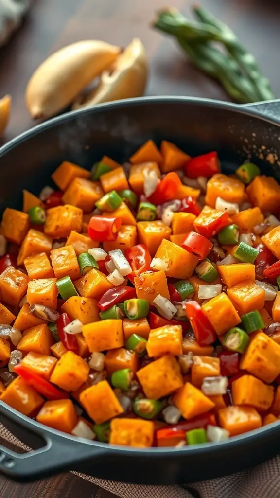 A colorful mixture of diced sweet potatoes, bell peppers, and onions in a frying pan.
