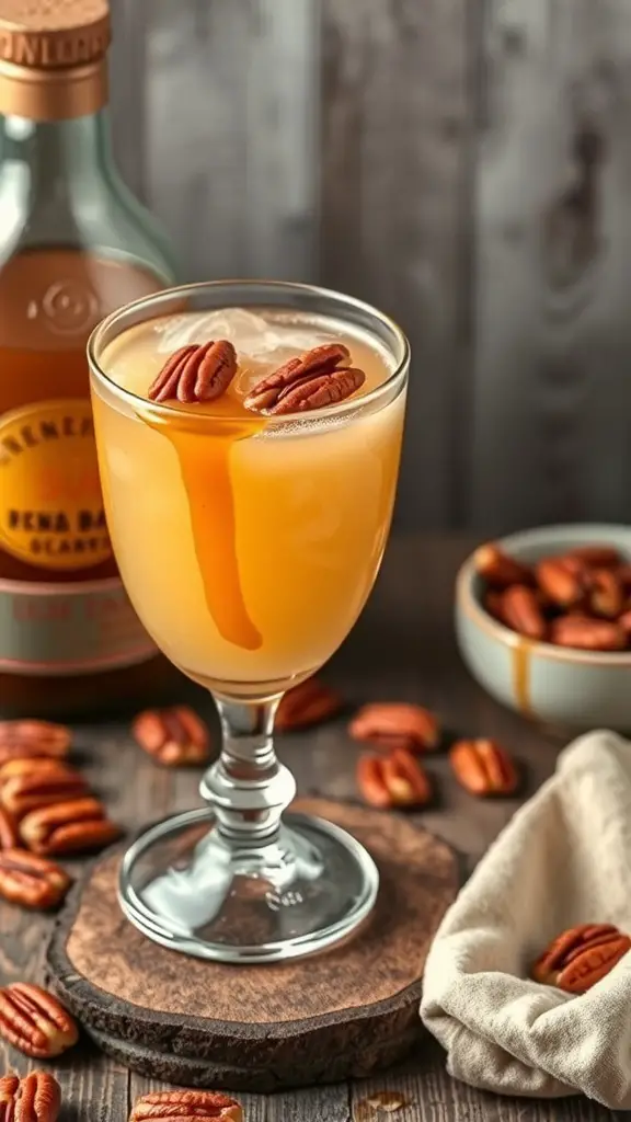 A glass of Maple Pecan Mocktail garnished with pecans, with a bottle of syrup and more pecans in the background.