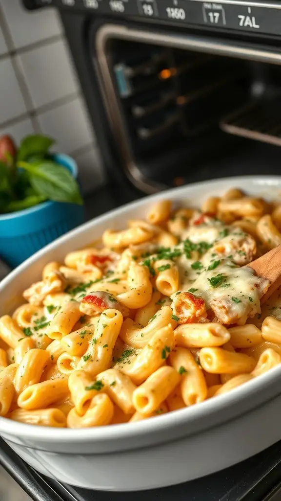 A creamy chicken pasta bake in a white dish, topped with cheese and herbs, placed in an oven.